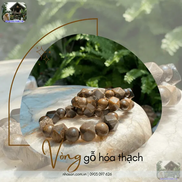 Vòng gỗ hóa thạch đa giác mix hạt tròn