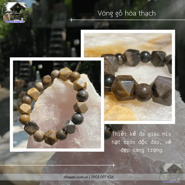 Vòng gỗ hóa thạch đa giác mix hạt tròn
