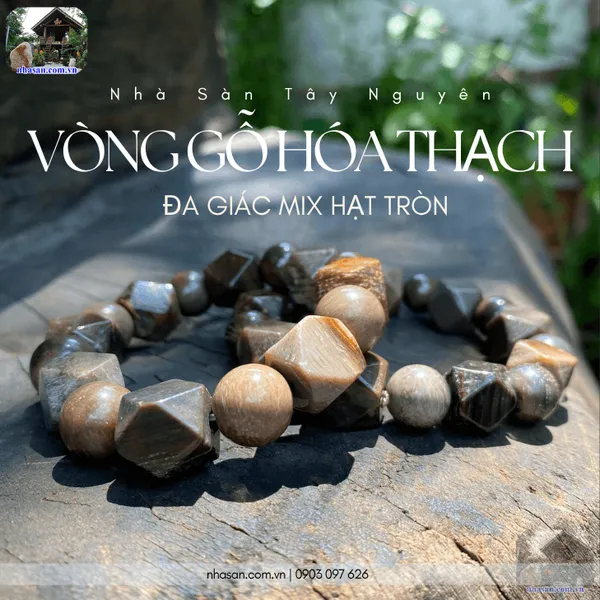 Vòng gỗ hóa thạch đa giác mix hạt tròn