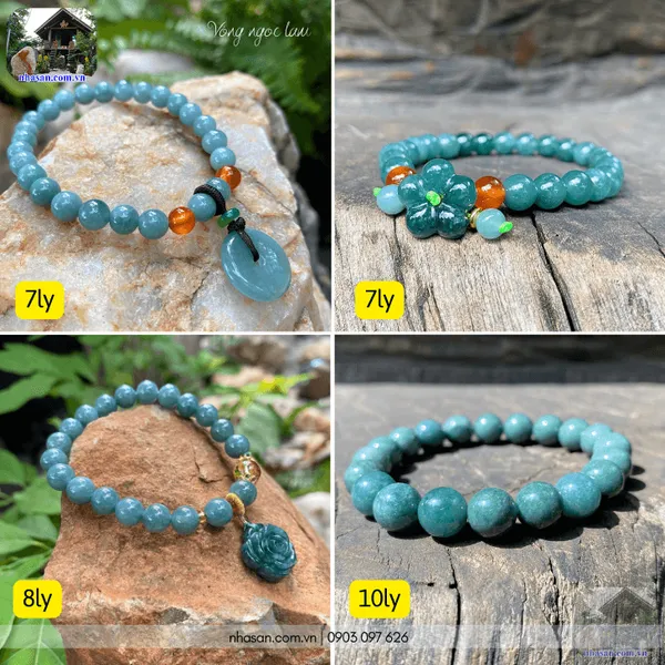 Vòng ngọc lam 7ly, 8ly, 10ly, mix hoa mẫu đơn, đồng tiền, hoa mai phú quý