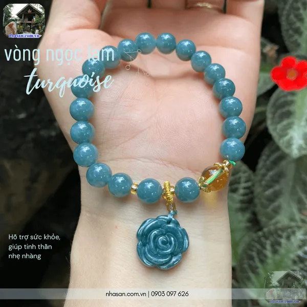 Vòng ngọc lam 7ly, 8ly, 10ly, mix hoa mẫu đơn, đồng tiền, hoa mai phú quý