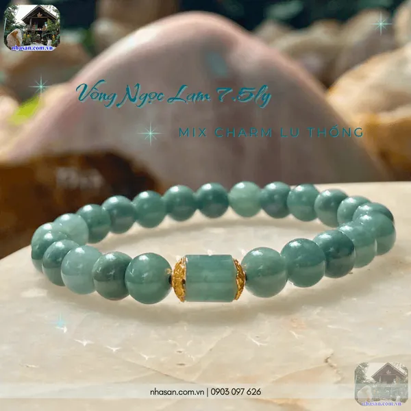 Vòng ngọc lam 7.5ly mix charm lu thống