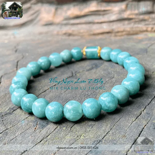 Vòng ngọc lam 7.5ly mix charm lu thống