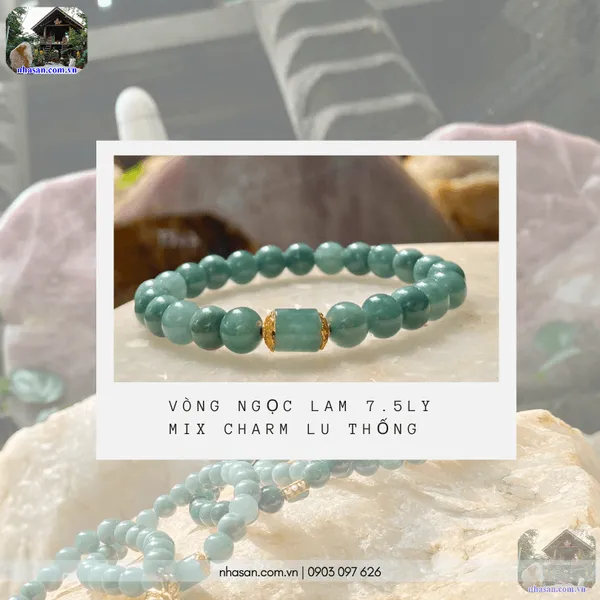 Vòng ngọc lam 7.5ly mix charm lu thống