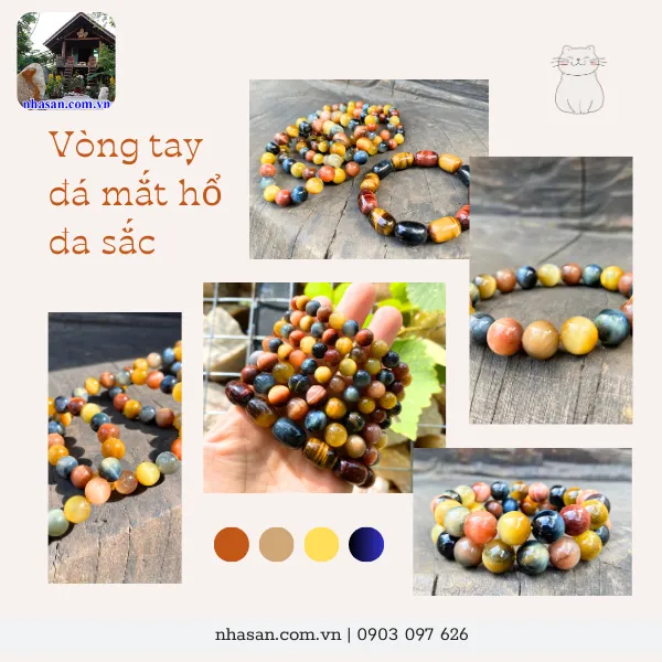 Vòng tay đá Mắt Hổ Đa Sắc Tăng Vượng Khí, Bảo Bình An  8ly, 10ly, 11ly