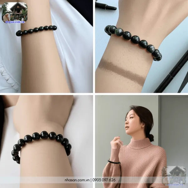 Vòng tay đá màu đen tự nhiên 8ly hợp mệnh Mộc và Thủy