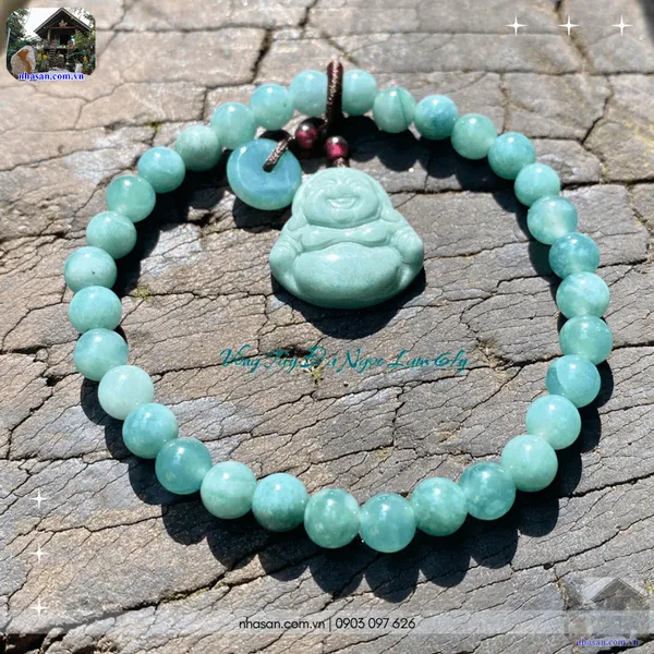 Vòng tay đá ngọc lam 6ly mix charm Phật Di Lặc & Đồng điếu - An nhiên, hạnh phúc và tài lộc