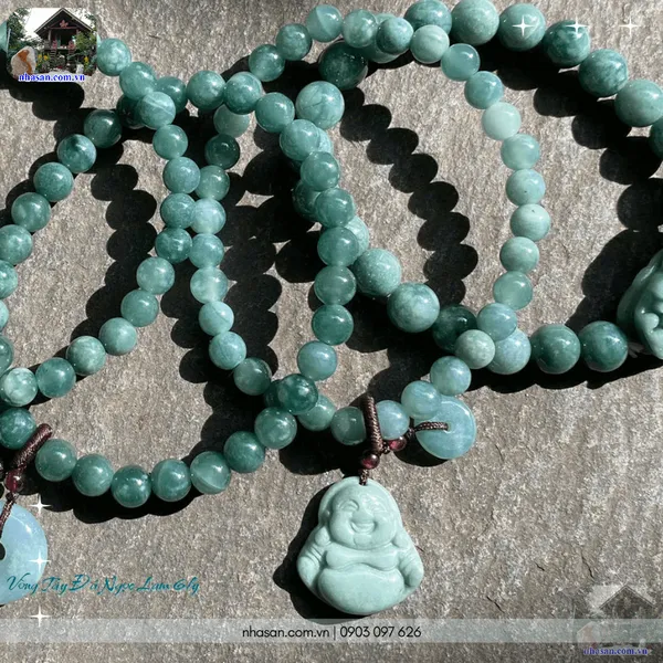 Vòng tay đá ngọc lam 6ly mix charm Phật Di Lặc & Đồng điếu - An nhiên, hạnh phúc và tài lộc