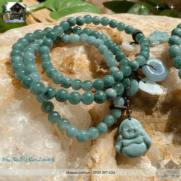 Vòng tay đá ngọc lam 6ly mix charm Phật Di Lặc & Đồng điếu - An nhiên, hạnh phúc và tài lộc