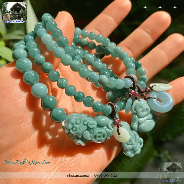 Vòng tay đá ngọc lam 6ly mix charm Phật Di Lặc & Đồng điếu - An nhiên, hạnh phúc và tài lộc