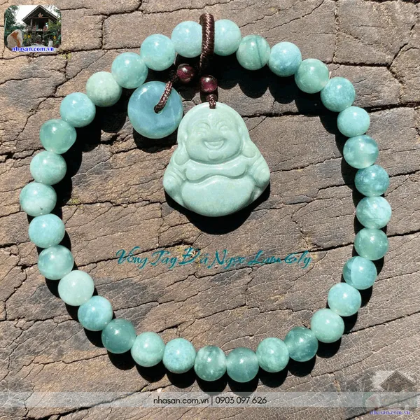 Vòng tay đá ngọc lam 6ly mix charm Phật Di Lặc & Đồng điếu - An nhiên, hạnh phúc và tài lộc