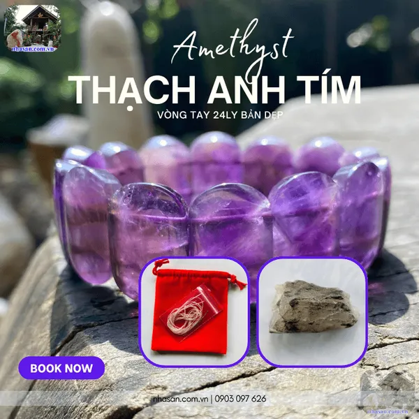 Vòng tay đá thạch anh tím 24ly bản dẹp giải pháp an thần, ngủ sâu giấc