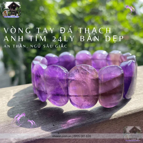 Vòng tay đá thạch anh tím 24ly bản dẹp giải pháp an thần, ngủ sâu giấc