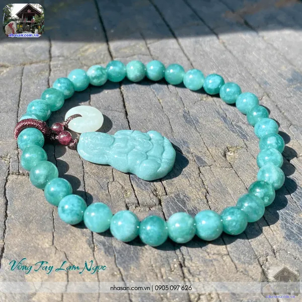 Vòng tay lam ngọc 6ly mix charm Phật Quan Âm và Đồng điếu