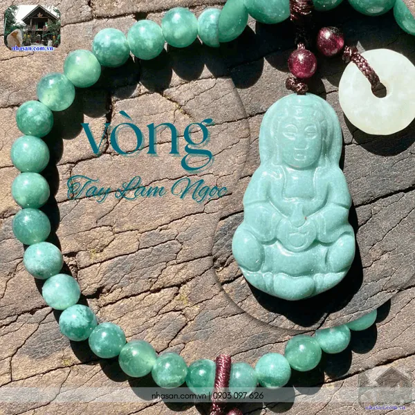 Vòng tay lam ngọc 6ly mix charm Phật Quan Âm và Đồng điếu