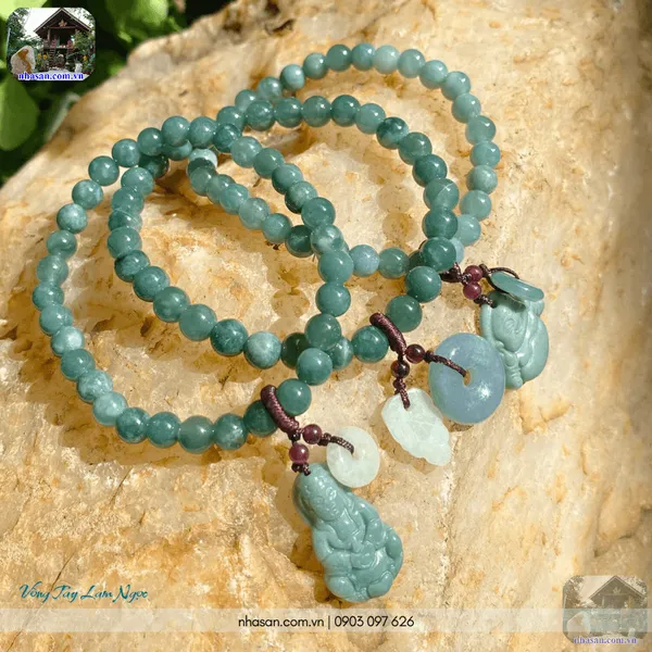 Vòng tay lam ngọc 6ly mix charm Phật Quan Âm và Đồng điếu