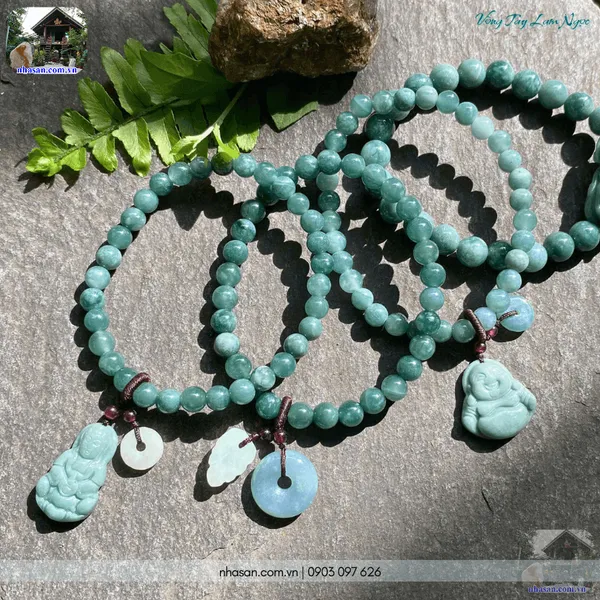 Vòng tay lam ngọc 6ly mix charm Phật Quan Âm và Đồng điếu