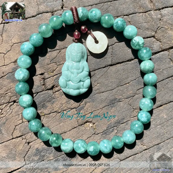 Vòng tay lam ngọc 6ly mix charm Phật Quan Âm và Đồng điếu