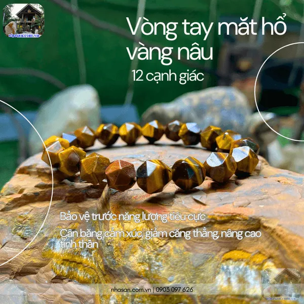 Vòng tay mắt hổ vàng nâu 12 cạnh giác 10ly giúp cân bằng năng lượng