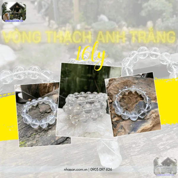 Vòng thạch anh trắng 16ly thiên nhiên, giải tỏa căng thẳng và thanh lọc