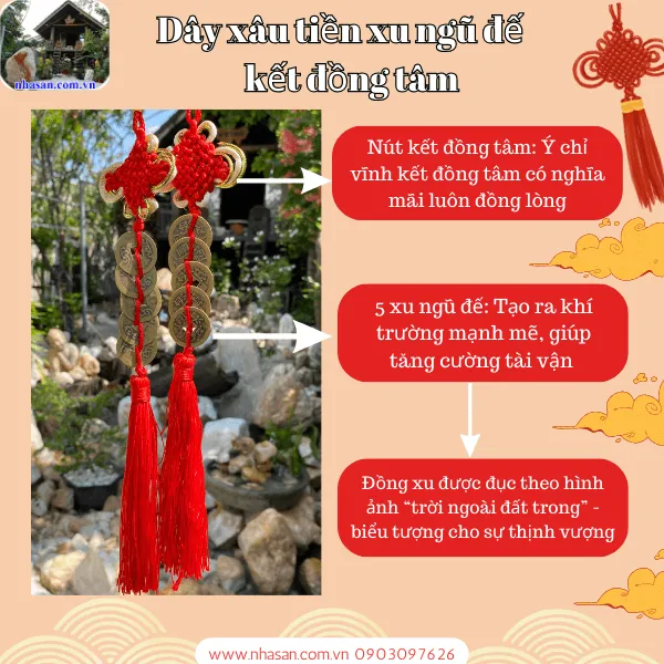 Dây xâu tiền ngũ đế kết đồng tâm - Trang trí, cải vận, cầu công danh