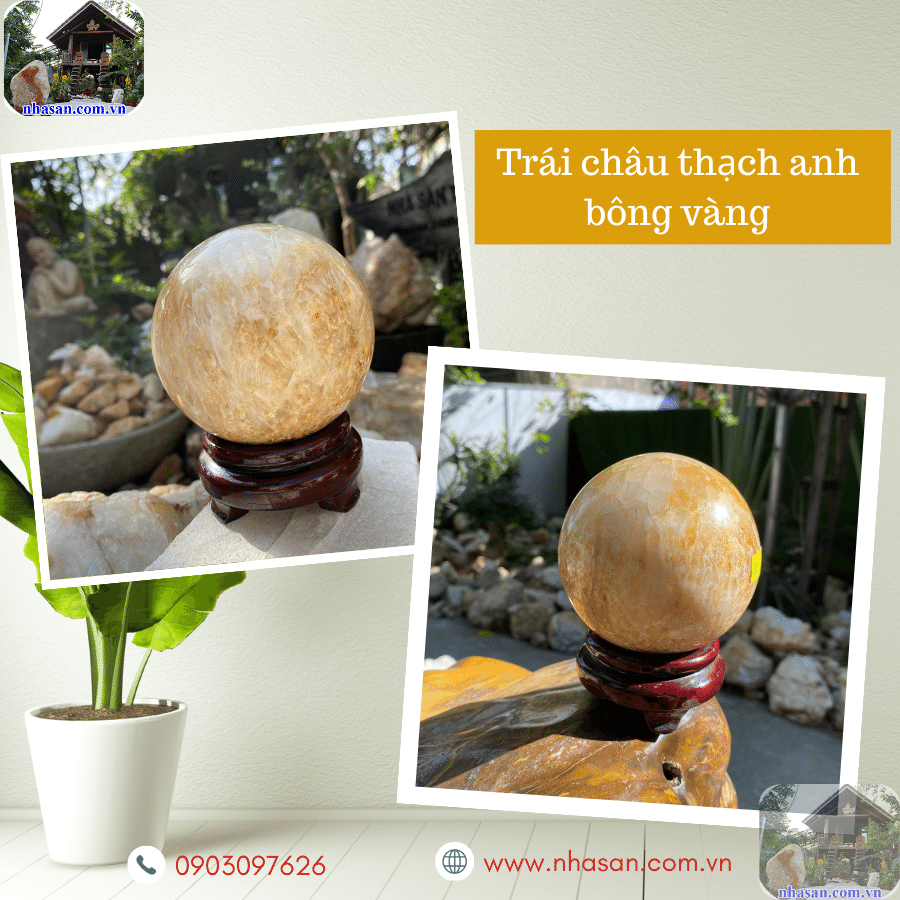 Trái châu đá thạch anh bông vàng thu hút năng lượng may mắn Trái châu đá thạch anh bông vàng thu hút năng lượng may mắn