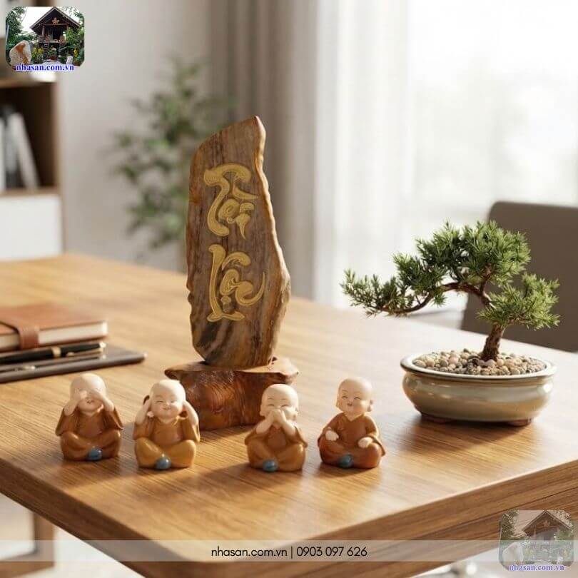 Đặt trụ gỗ hóa đá khắc chữ Tài Lộc tự nhiên GHT62 trên bàn làm việc Đặt trụ gỗ hóa đá khắc chữ Tài Lộc tự nhiên GHT62 trên bàn làm việc