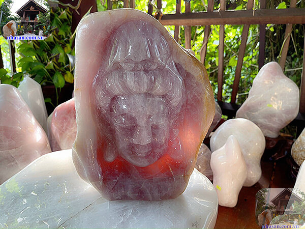 Mặt Phật Bà Quan Âm đá thạch anh hồng Mặt Phật Bà Quan Âm đá thạch anh hồng