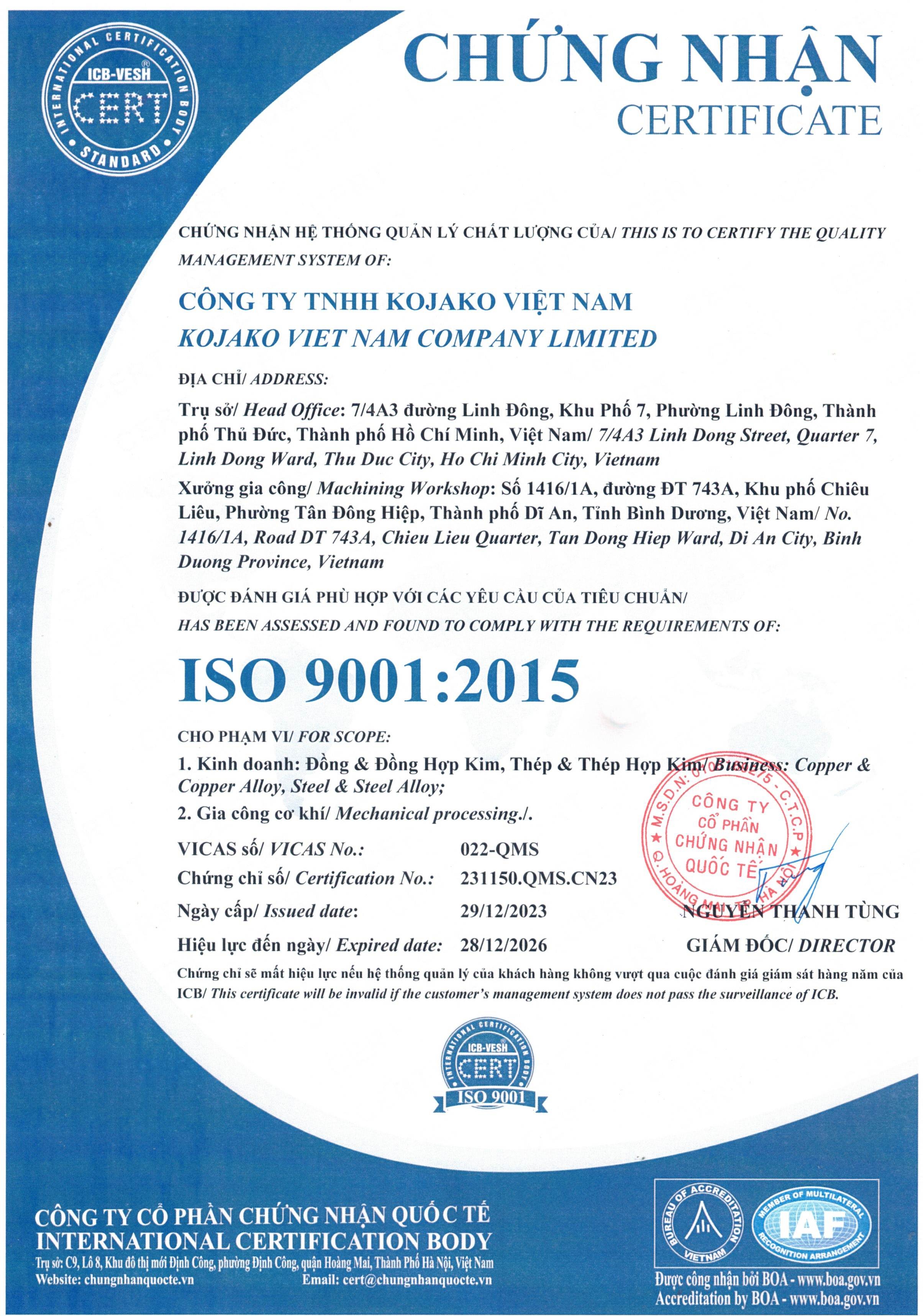 Chứng Chỉ ISO 9001 : 2015 - Kojako Việt Nam Chứng Chỉ ISO 9001 : 2015 - Kojako Việt Nam