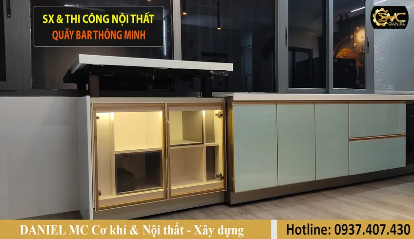 Quầy Bar thông minh chỉnh lên xuống tự động, thiết kế thi công nội thất trọn gói, cải tạo nhà - Quận 7 HCM