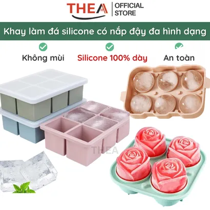 Khay làm đá viên 100% silicone dày 6-8 vuông có nắp đậy kín để tủ lạnh lấy đá tiện lợi không mùi an toàn sức khỏe – THEA