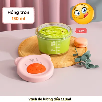 Hộp trữ đồ ăn, đựng thức ăn dặm cho bé bằng thủy tinh siêu dày chịu nhiệt cao có nắp,vạch chia hình vuông,tròn nhỏ -THEA
