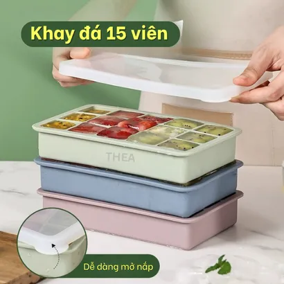 Khay làm đá viên 100% silicone dày 6-8 vuông có nắp đậy kín để tủ lạnh lấy đá tiện lợi không mùi an toàn sức khỏe – THEA