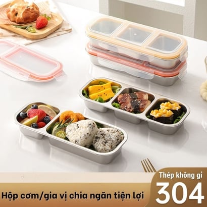 Hộp inox 304 có nắp đậy, Hộp inox đựng thực phẩm chia 2 - 3 ngăn, Hộp đựng thức ăn, gia vị mang theo tiện lợi - THEA