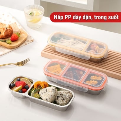 Hộp inox 304 có nắp đậy, Hộp inox đựng thực phẩm chia 2 - 3 ngăn, Hộp đựng thức ăn, gia vị mang theo tiện lợi - THEA