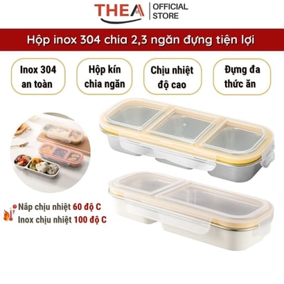 Hộp inox 304 có nắp đậy, Hộp inox đựng thực phẩm chia 2 - 3 ngăn, Hộp đựng thức ăn, gia vị mang theo tiện lợi - THEA