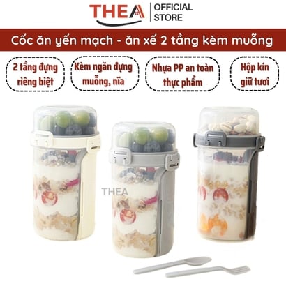 Hũ đựng yến mạch qua đêm, cốc nhựa trong có nắp ngâm yến mạch, Hộp đựng salad, hạt, ngũ cốc ăn sáng kèm muỗng nĩa 2 tầng - THEA