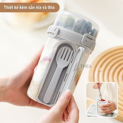 Hũ đựng yến mạch qua đêm, cốc nhựa trong có nắp ngâm yến mạch, Hộp đựng salad, hạt, ngũ cốc ăn sáng kèm muỗng nĩa 2 tầng - THEA