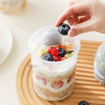 Hũ đựng yến mạch qua đêm, cốc nhựa trong có nắp ngâm yến mạch, Hộp đựng salad, hạt, ngũ cốc ăn sáng kèm muỗng nĩa 2 tầng - THEA