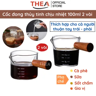 Cốc ly thủy tinh đong 100ml mini chịu nhiệt chia vạch 75ml pha chế cà phê, sữa, sốt chấm có tay cầm gỗ đàn hương - THEA kitchen