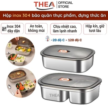 Hộp đựng cơm văn phòng inox 304 chia 2 ngăn, hộp inox 304 có nắp đậy , Hộp đựng thực phẩm thức ăn chia ngăn tiện lợi - THEA