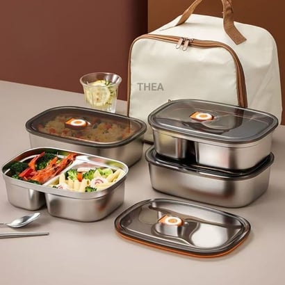 Hộp đựng cơm văn phòng inox 304 chia 2 ngăn, hộp inox 304 có nắp đậy , Hộp đựng thực phẩm thức ăn chia ngăn tiện lợi - THEA