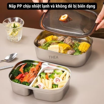 Hộp đựng cơm văn phòng inox 304 chia 2 ngăn, hộp inox 304 có nắp đậy , Hộp đựng thực phẩm thức ăn chia ngăn tiện lợi - THEA