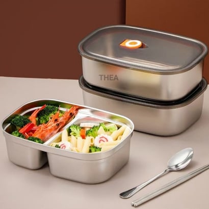 Hộp đựng cơm văn phòng inox 304 chia 2 ngăn, hộp inox 304 có nắp đậy , Hộp đựng thực phẩm thức ăn chia ngăn tiện lợi - THEA