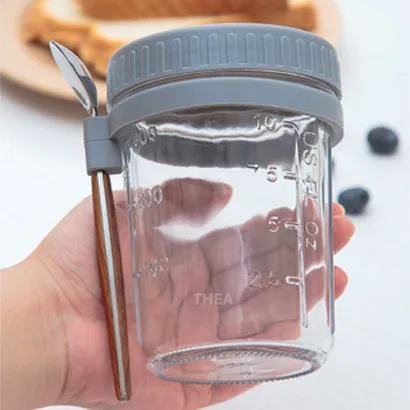 Cốc ly thủy tinh ăn ngũ cốc ăn sáng, đựng gia vị, đựng mứt có nắp, có vạch chia kèm muỗng inox cán gỗ sang trọng - THEA