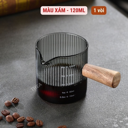 Cốc thủy tinh có quai chia vạch ml, ly thủy tinh cute chia vạch chịu nhiệt, cốc đong thủy tinh tay cầm gỗ - THEA