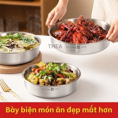 Khay inox 304 đựng đồ ăn, khay hấp inox 304 có nắp đậy đựng thực phẩm, Khay tròn inox đựng thức ăn, làm bánh đa năng - THEA