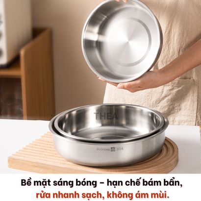 Khay inox 304 đựng đồ ăn, khay hấp inox 304 có nắp đậy đựng thực phẩm, Khay tròn inox đựng thức ăn, làm bánh đa năng - THEA