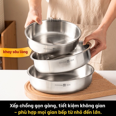 Khay inox 304 đựng đồ ăn, khay hấp inox 304 có nắp đậy đựng thực phẩm, Khay tròn inox đựng thức ăn, làm bánh đa năng - THEA