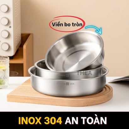 Khay inox 304 đựng đồ ăn, khay hấp inox 304 có nắp đậy đựng thực phẩm, Khay tròn inox đựng thức ăn, làm bánh đa năng - THEA